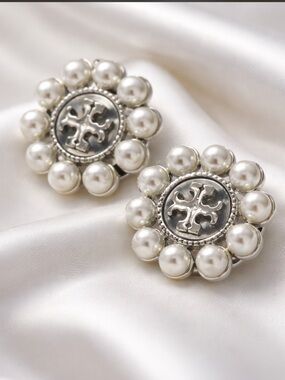 Tory Burch Silver and Pearl Medallion Stud Earrings